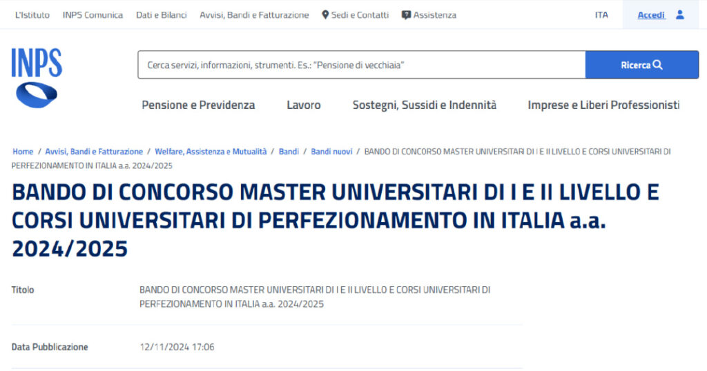 INPS Bando per l'assegnazione di contributi per partecipazione a Master universitari 2024 2025